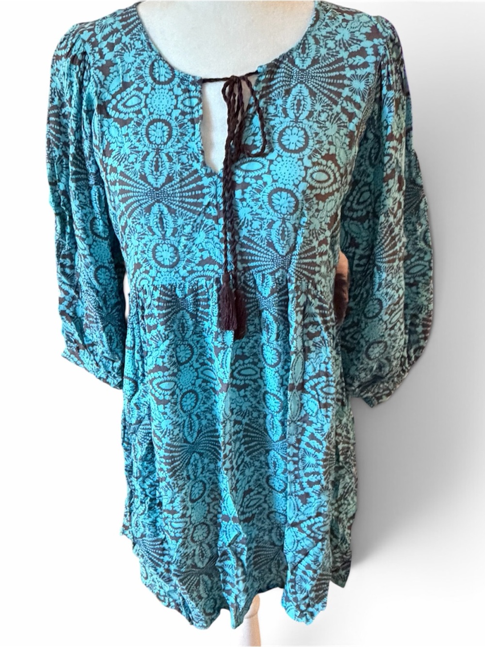 UMGEE Boho Tie-Front Tunic Baby Doll Dress in Mint Cocoa